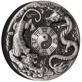 Tuvalu Dragon and Tiger with Bagua 2021 2oz Silver Antiqued Coin Silber