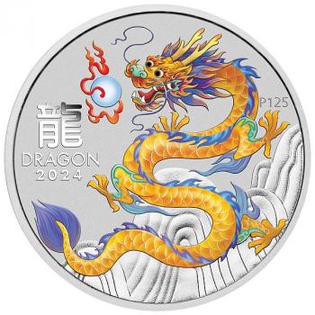 Preview: Australien Lunar III Yellow Dragon 1 oz Silver 2024 coloured - Melburne Money Expo