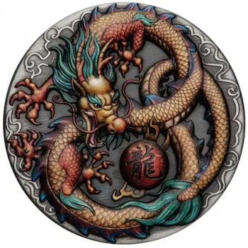 Preview: Tuvalu Dragon 2oz Silver 2022 Antiqued Coloured Silber