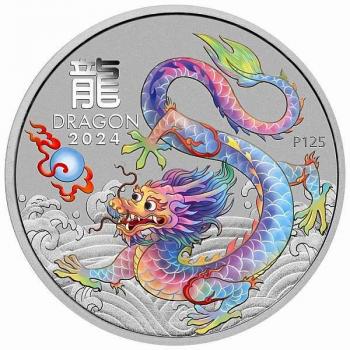 Preview: Australien Lunar III White Dragon 1 oz Silver 2024 coloured Brisbane Money Expo