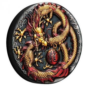 Tuvalu 2 $ Dollar Golden Imperial Dragon coloured High Relief 2 Oz Silber antique Finish 2020